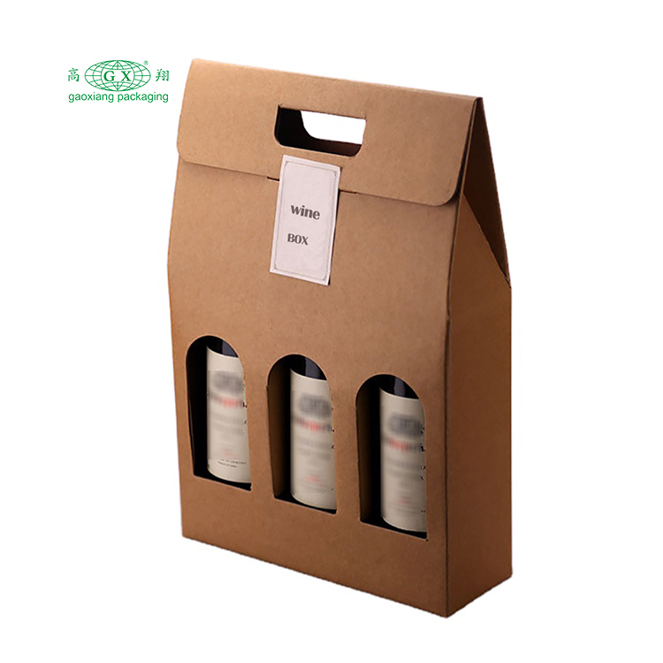 Venta al por mayor, cajas de vino corrugadas plegables impresas personalizadas, caja de embalaje de botellas de papel de 3 botellas con ventana