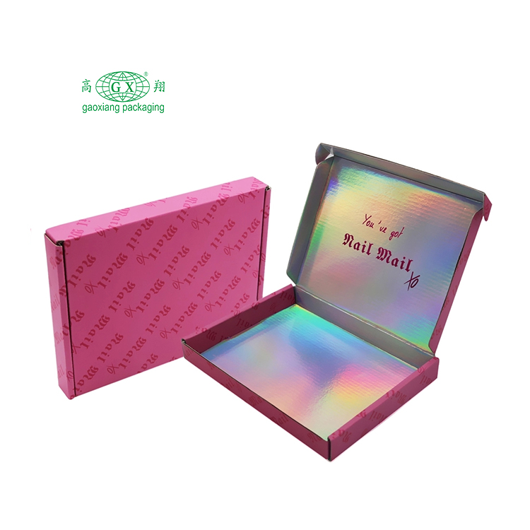 Cajas de papel corrugado de comercio electrónico de marca personalizada con impresión personalizada, caja de embalaje de correo de envío holográfica pequeña rosa con logotipo